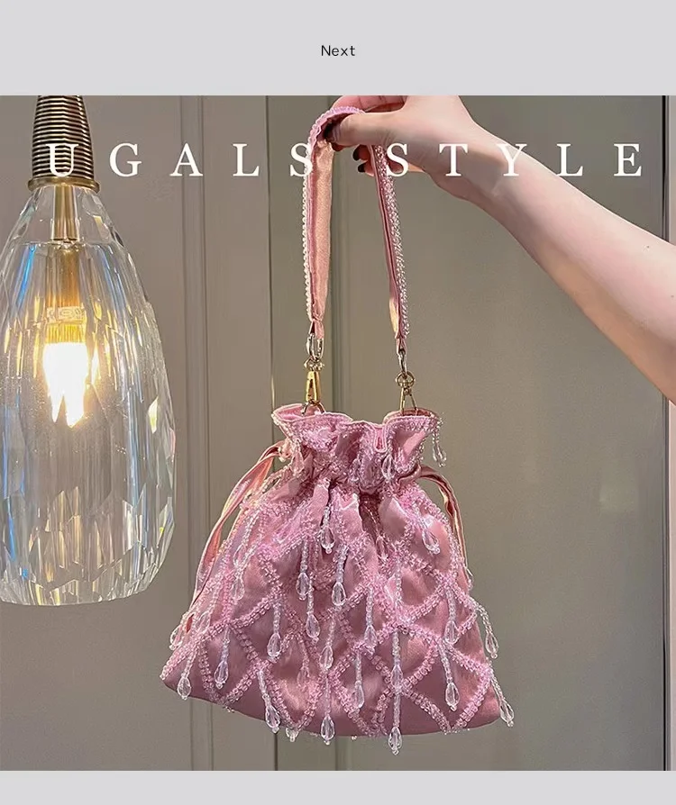 Luxury Satin Bucket Bag Beads Beading Tassel Handmade Evening Bag Women\'s Handbag Wedding Party Clutch Purse Shoulder Bag