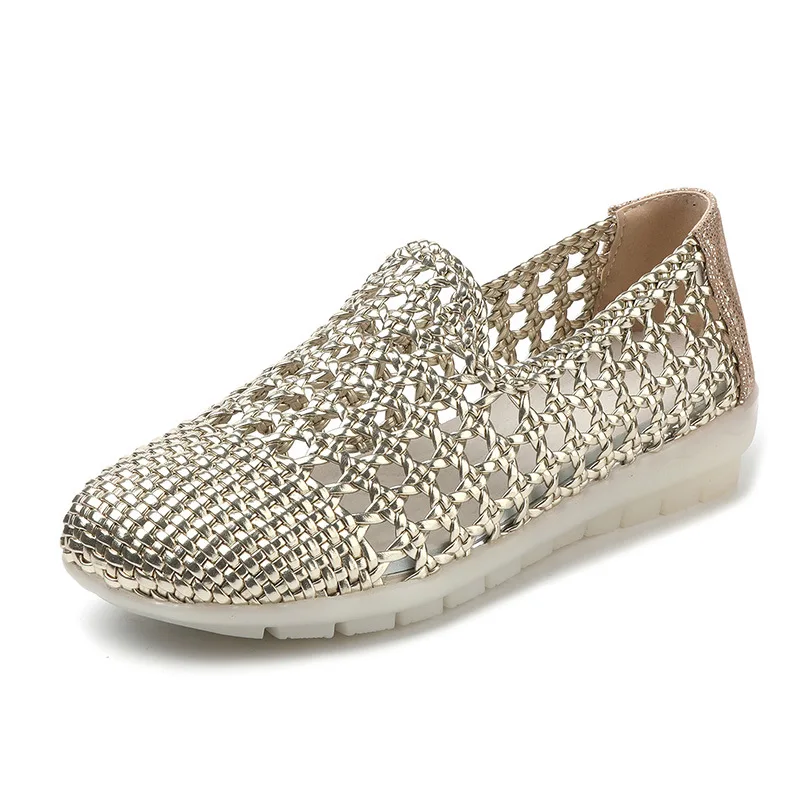 2026 Summer Hollow Woven Breathable Shoes Women Sandals Big Size Round Toe Genuine Leather Shoes Summer Flat Casual Sandals