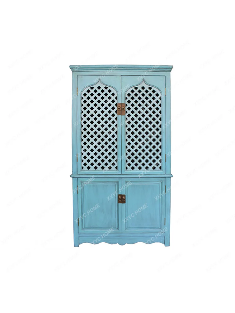 Southeast Asian Solid Wood Wardrobe Thai Retro Blue Style Home Bedroom Clothes Storage Elm Furniture