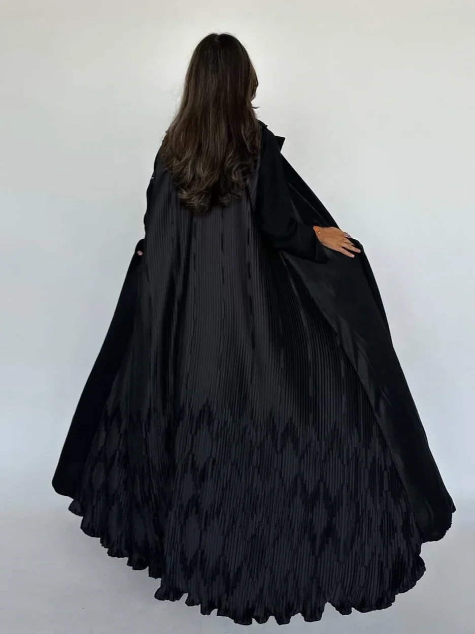 Eid Women Abaya Black Pleated Cardigan Lapel Muslim Party Dress Caftan Jalabiya Ramadan Abayas Vestidos Largos Kaftan Arab Robe