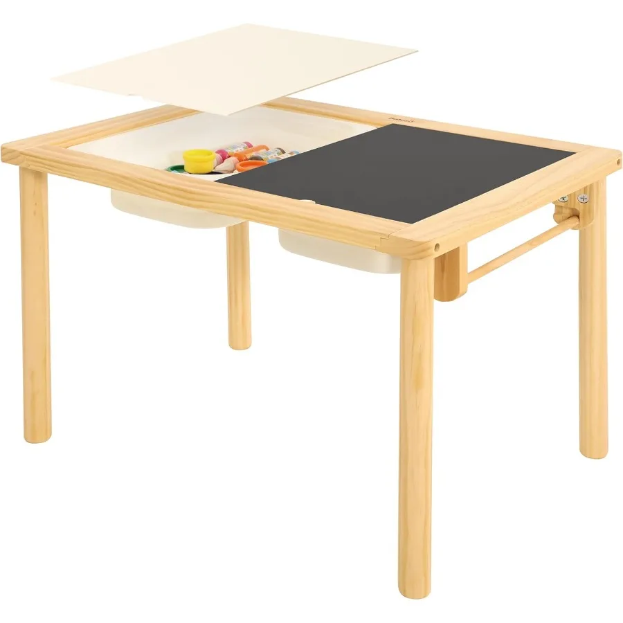Table sensorielle pour tout-petits avec 2 bacs de rangement, table d'activité en bois avec planches double face, jeu de sable et d'eau en intérieur et en extérieur