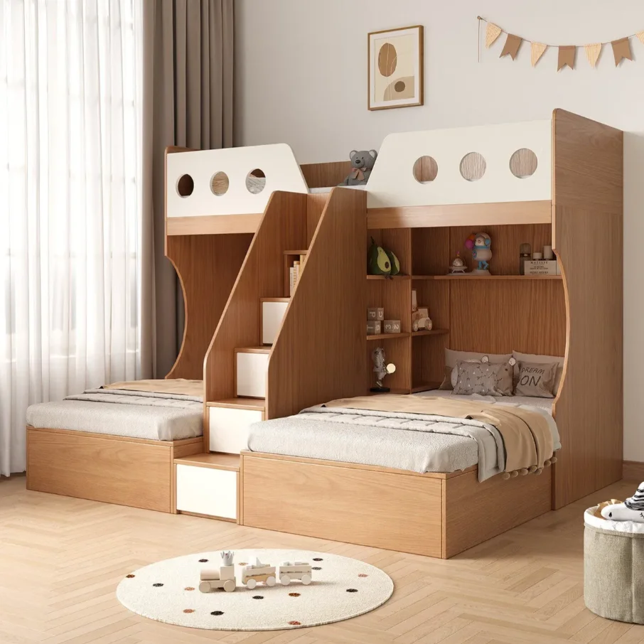 # Cama litera moderna de madera maciza, duradera y cómoda, con escaleras, tamaño doble sobre matrimonial, con almacenamiento y barandilla.