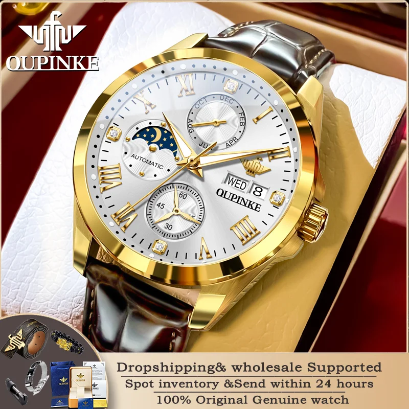 

OUPINKE 3300 High end Brand Fully Automatic Mechanical Watch Luxury Tungsten Steel Calendar Diamond Dial Waterproof Men's Watch