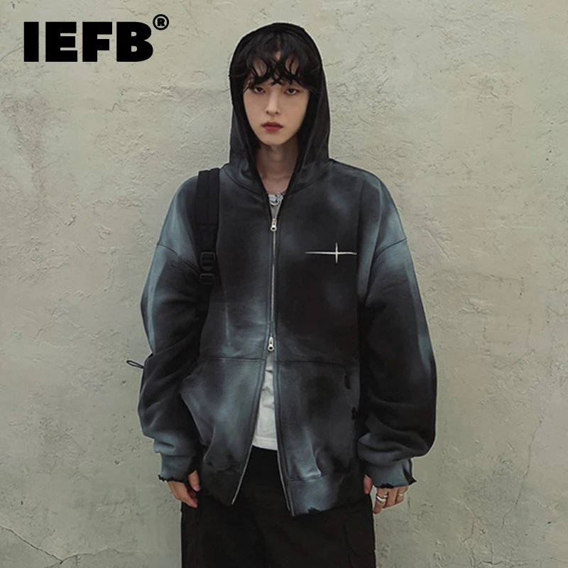 IEFB Niche Design Men Hoodies Gradient Color Tie Dye Hooded Sweatshirt Letter Printing Double Zippers Top Korean Version 9C7908