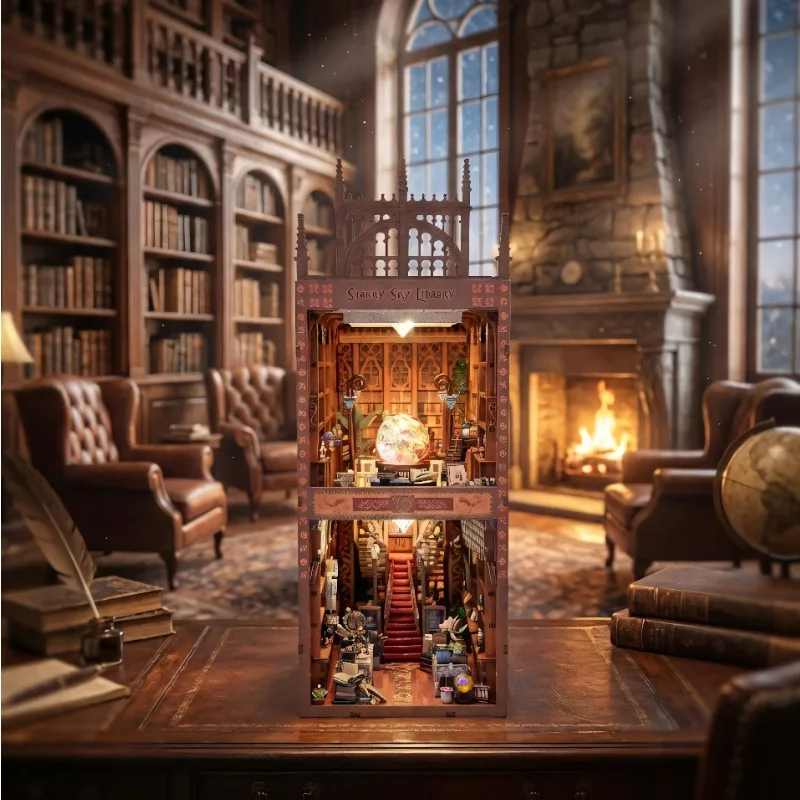 星空図書館 3D DIY 木製ブックエンドモデルキット - 3D組み立てパズルおもちゃ、ミニチュアハウスデコレーションデスクトップオーナメントギフト