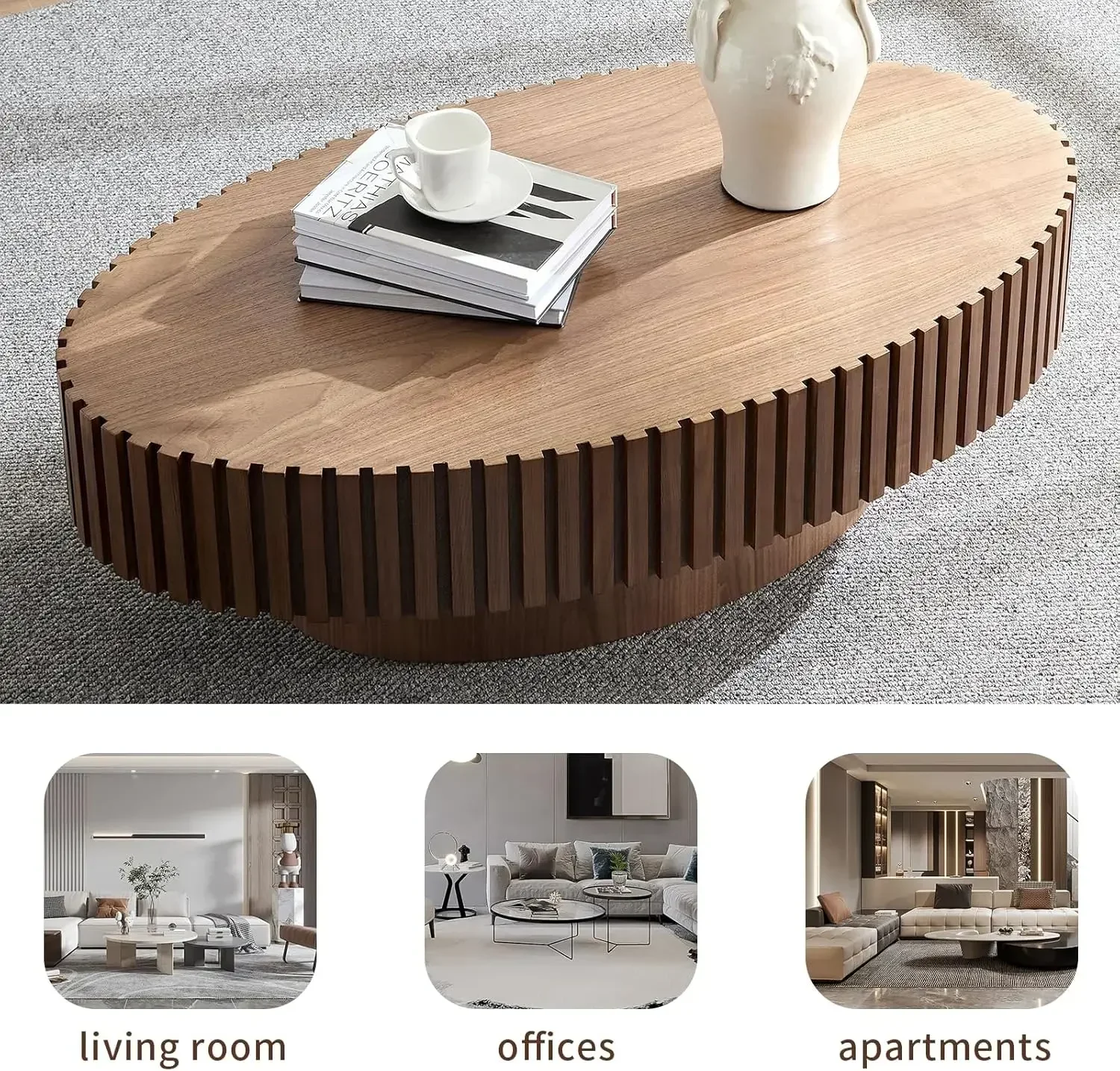 [¡Oferta por tiempo limitado, ¡Compre ahora! ] Mesa de centro de tambor ovalado de 43,7 pulgadas, pedestal resistente con relieve hecho a mano, té de madera en forma de oliva para
