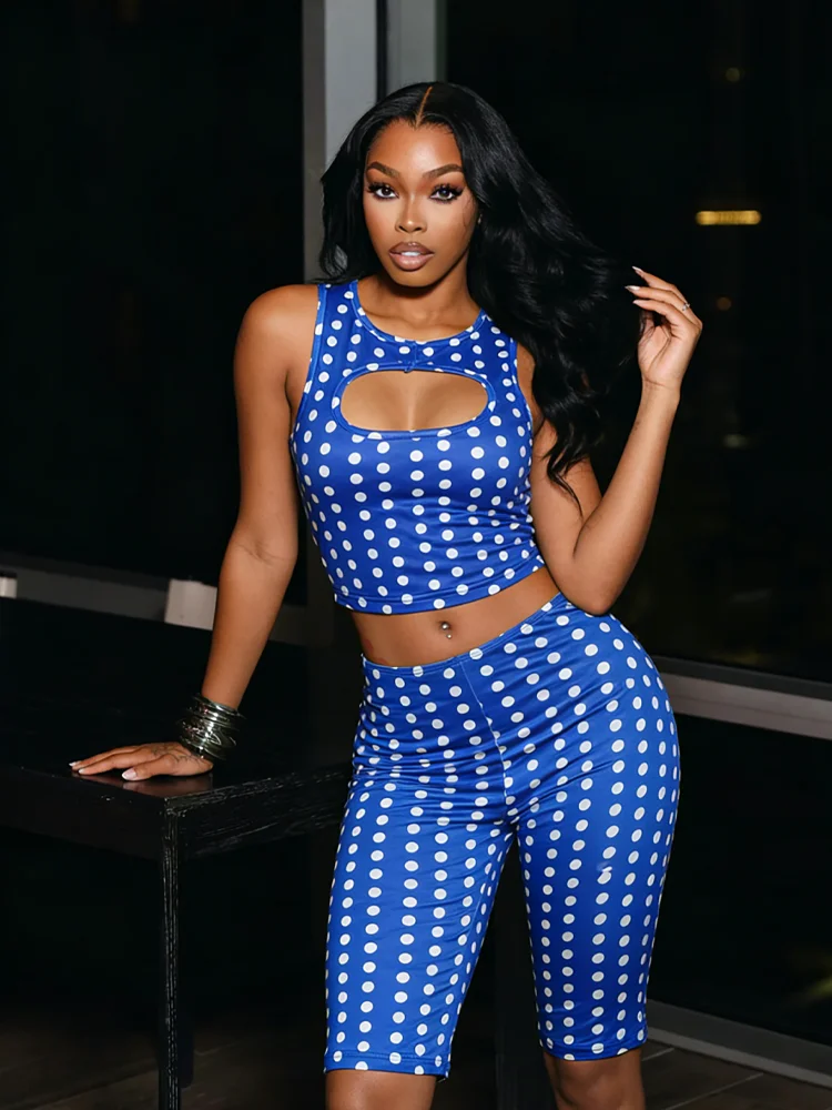 

Nibber Hot Girls 2 Piece Set Woman Polka Dot Print o-Neck Hollwo Design Crop Tops+Skinny Peach Hip Shorts Sexy Fashion Outfits