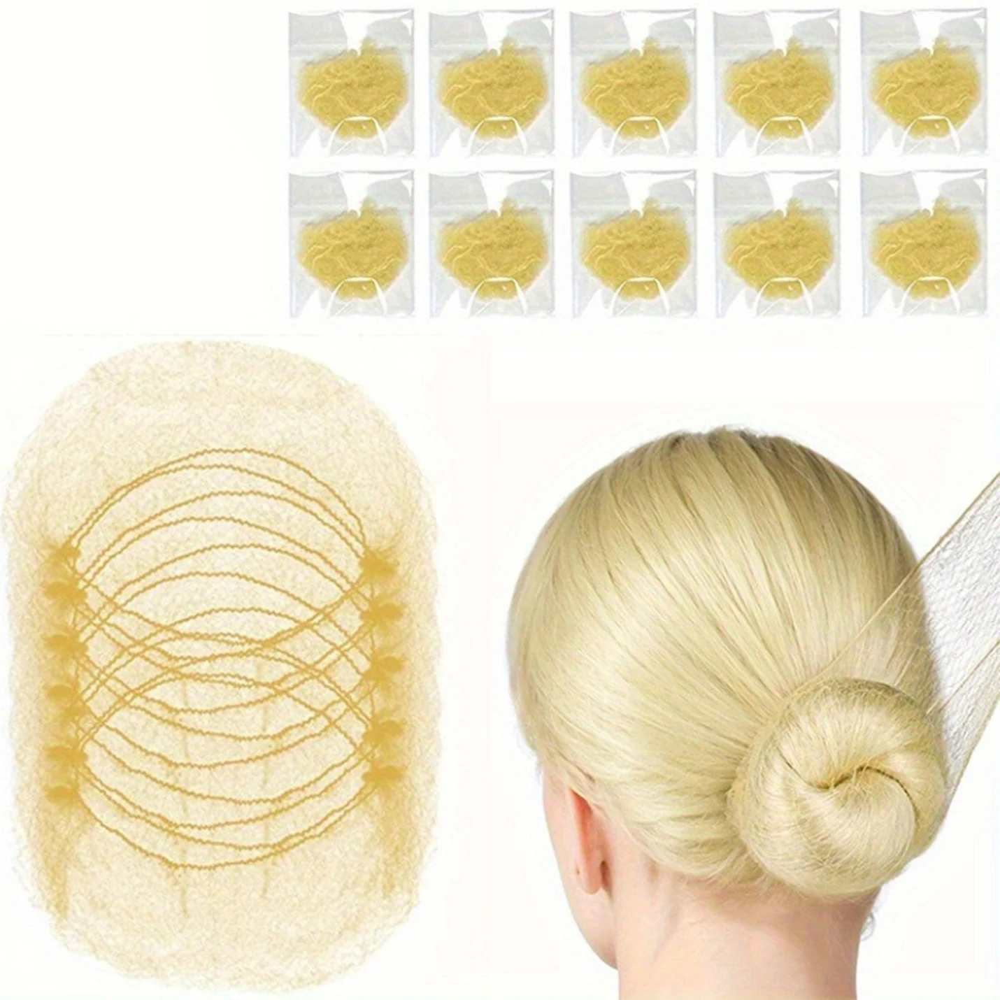 

10Pcs 20in Gold Individually Packaged Invisible Hair Net Kit Elastic Hair Net