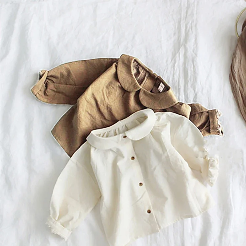 

2024 Retro Girls Long Sleeve Blouse Korean Children's Clothing Autumn Girl Literary Cotton Button-Down Doll Collar Shirts