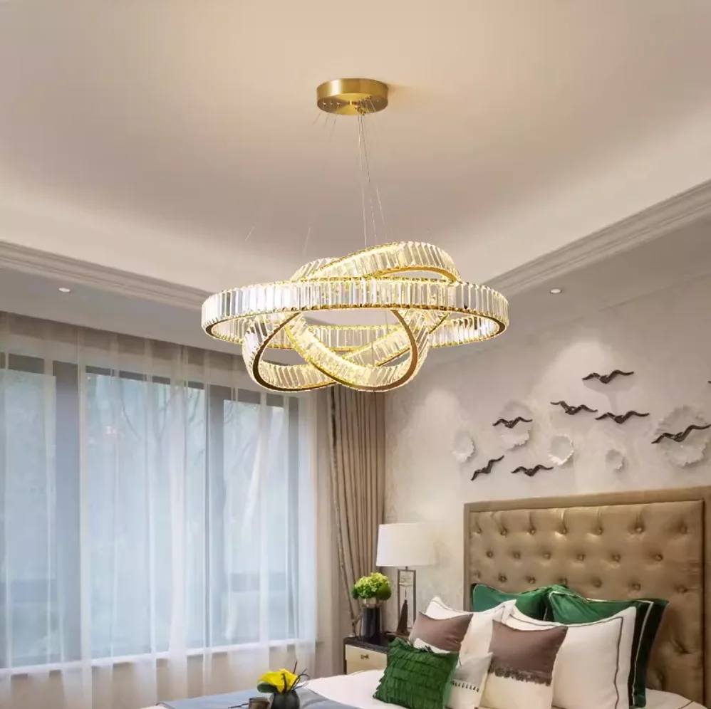 Crystal chandelier circular chandelier modern luxury living room LED chandelier stainless steel electroplated circular ring lamp