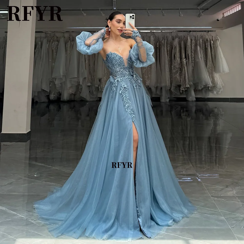 فستان حفلات بأكمام طويلة RFYR 2025 فساتين الحفلات المسائية الرسمية مع دانتيل مزين بفساتين حفلات الزفاف حسب الطلب