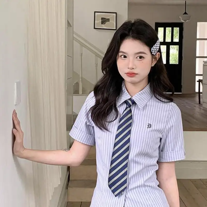 

Harajuku Jk Uniform Slim Shirt Waist Women's Short-sleeved Striped Top 2025 New Sweet Girl Daily Clothes Birthday Gift Friends
