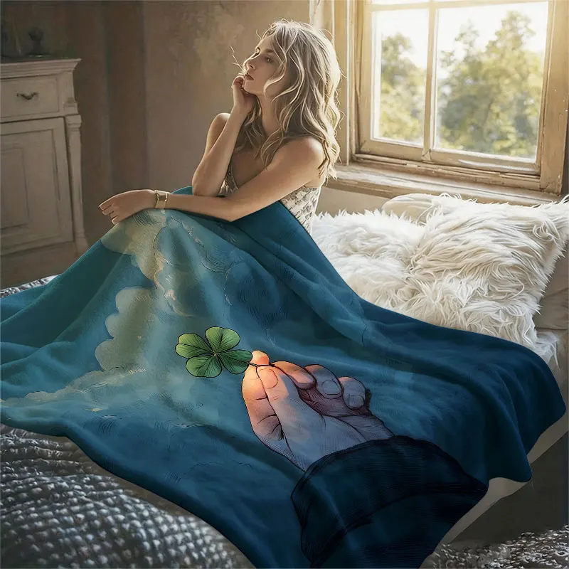 hand clover leaf sky Flannel Blanket Warm Soft Halloween Christmas Decorative Couch Warm Cozy All-Season Gift