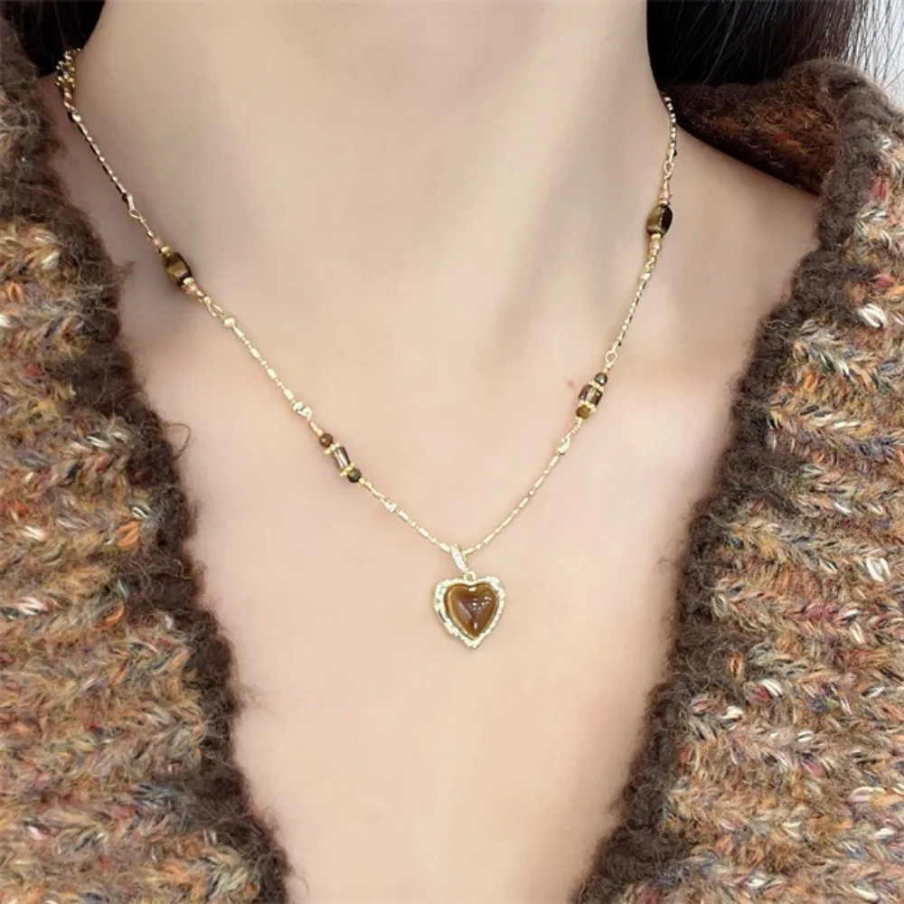 

Boho Heart Pendant Necklace Tiger Eye Beads Golden Chain Colorful Accent Beads Vintage-Inspired Layered Jewelry for Women