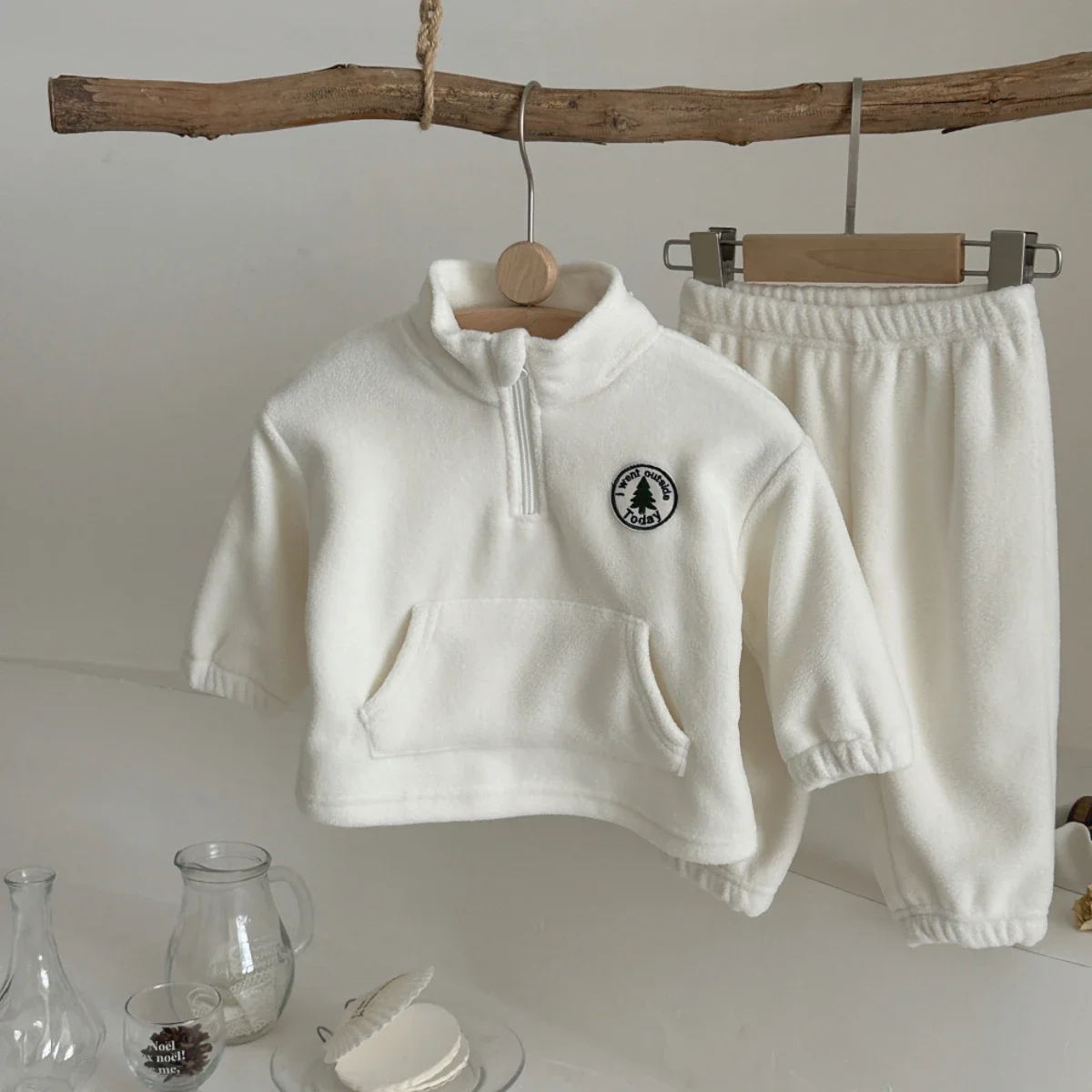 Thicken Warm Plush Children Sets Baby Boy Girls High Neck Badge Pocket Suits Autumn Winter Children Clothes