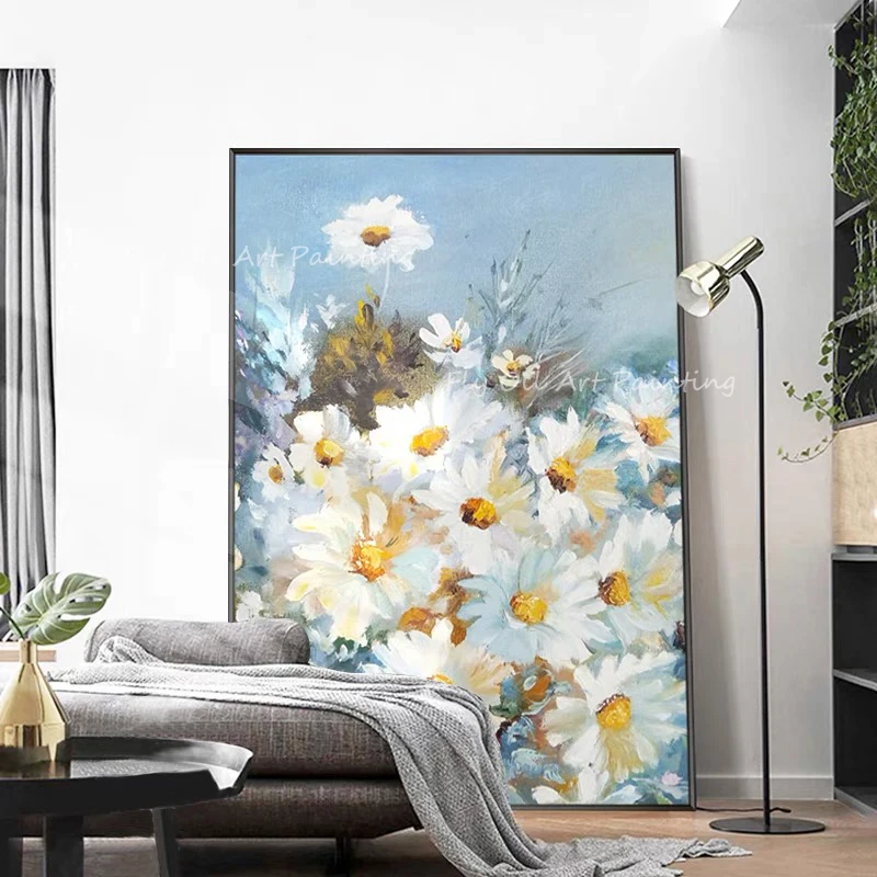 

Large Size 100% Handmade high quality simple white flower artwork abstract oil painting for office living room gift ufnrame