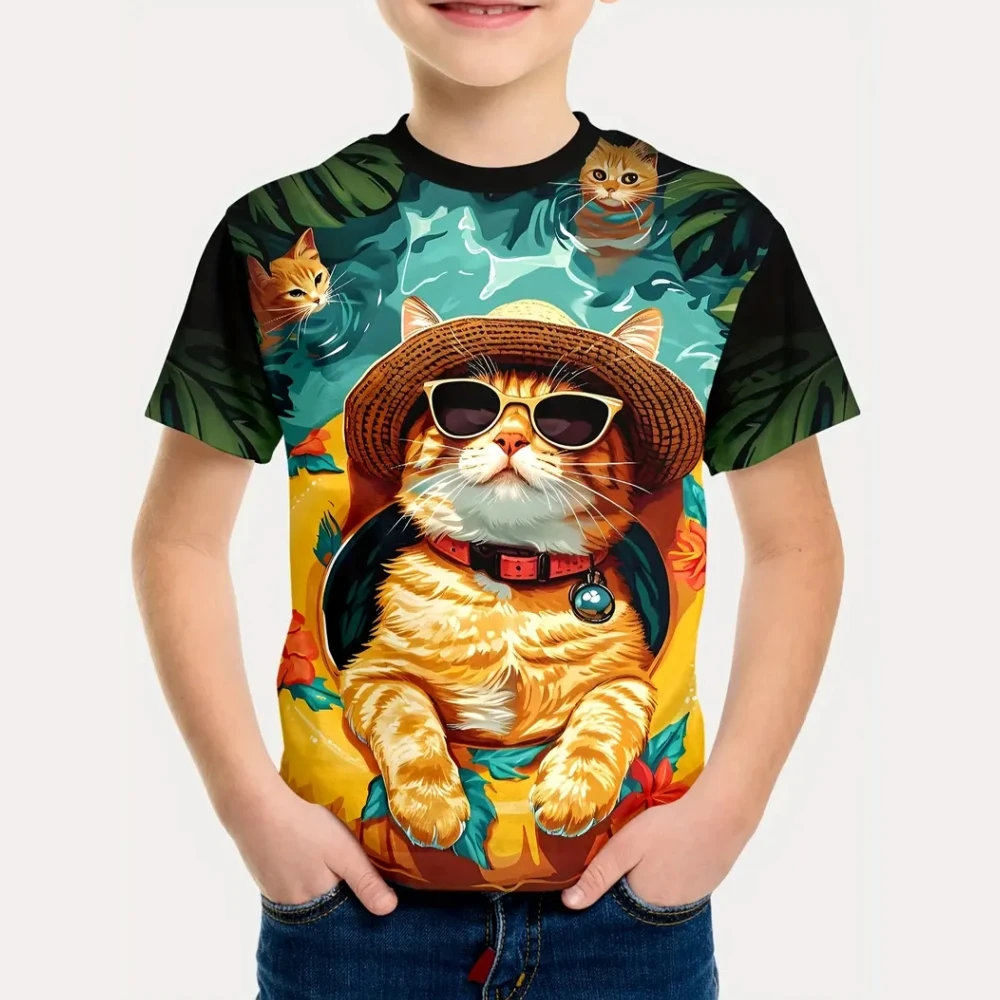 

Boys Kids Clothes Cute Cool Cat 3D Print Summer Short Sleeves Graphic T Shirts Comforts Sporting Style Top Clothes for Children