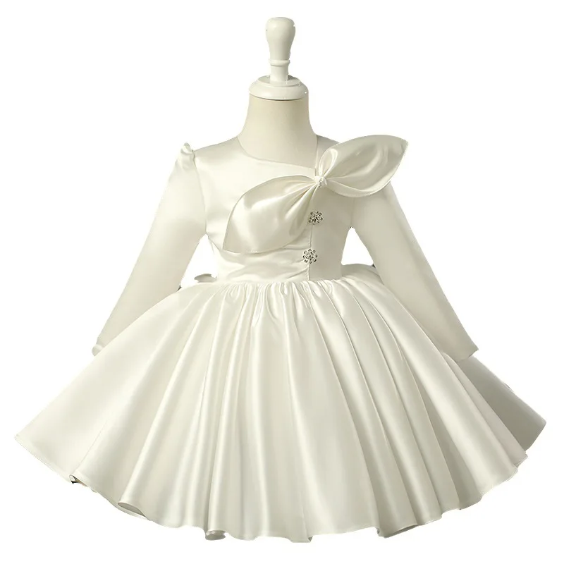 Luxurious Satin Girl Party Dress Big Bow Kids White Christening Elegant Dresses for Bridesmaid Wedding Princess Birthday Gown 5T