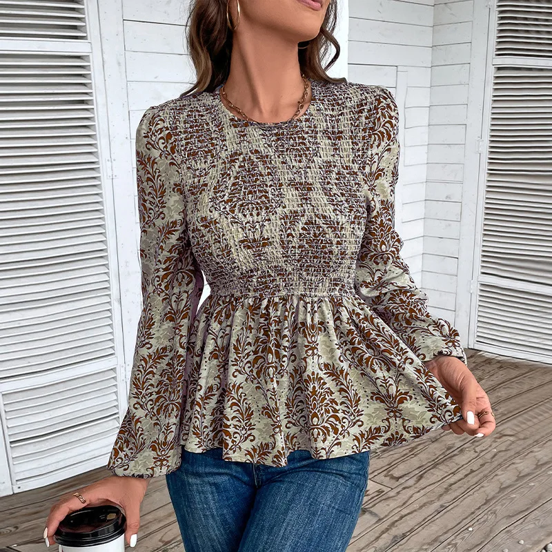 2024New autumn fashion women's wear smocking slim-fit long-sleeved printed shirt for women