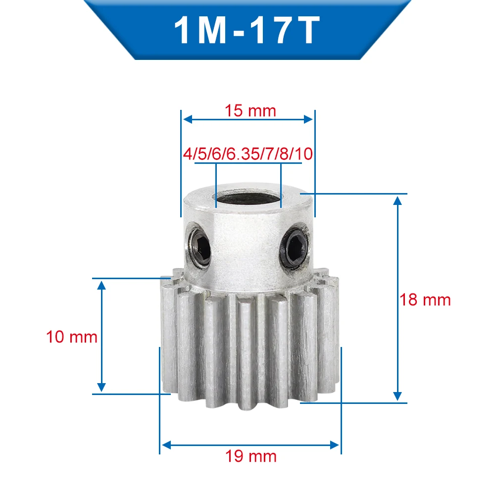 2 PCS 1M17T Spur Gear Bore size 4/5/6.35/7/8/10 mm Teeth Outer Diameter 19 mm Low Carbon Steel Material High Quality For Motor