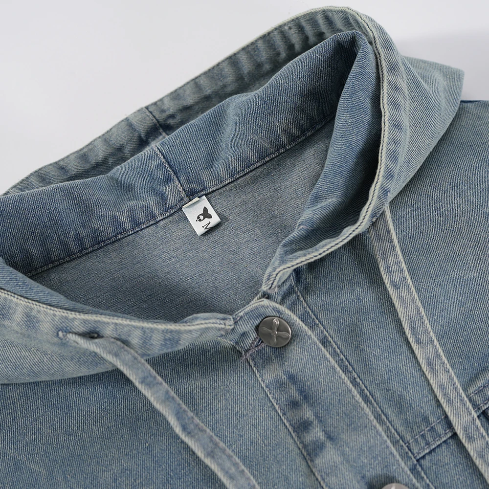 

Light Blue Hooded Denim Jackets for Women Autumn Drawstring Solid Loose All-Match Jean Coats Casual Oversized Outerwears