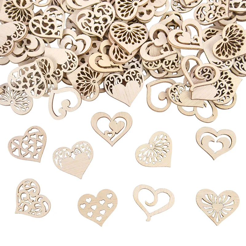 50Pcs Mini Hollow Heart Love Wooden Slice Scrapbooking Accessories DIY Wood Craft Wedding Party Table Decoration