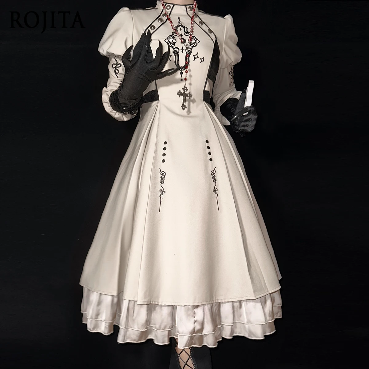 

2025 Autumn New Original Moon Charm Short Gothic Lolita Dark Dress Vintage Puff Sleeve High Waist Large Hem Dress for Women