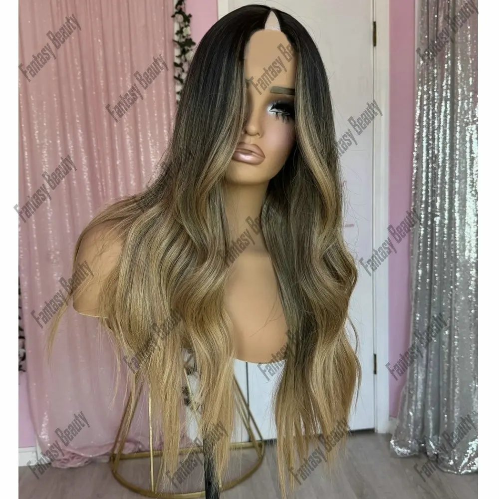 Slightly Curly Ombre Color V Part Wig Human Hair for Women Easy Wear Brazilian Remy Hair Wigs Middle/Left/Right 1*4  U part Wig