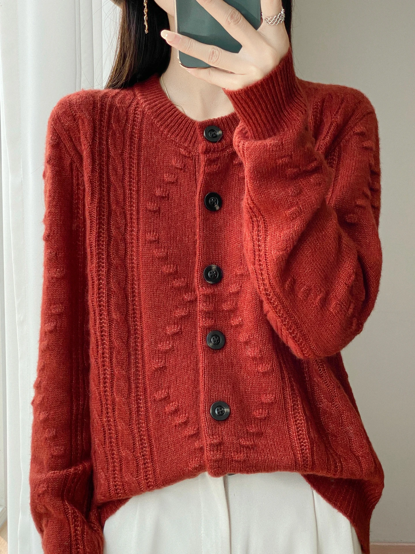 

New Fall Winter Wool Cardigan Long Sleeve O-Neck Collar Jacquard Knitwear Women's Thick Cashmere Sweater Fashion Leisure Top