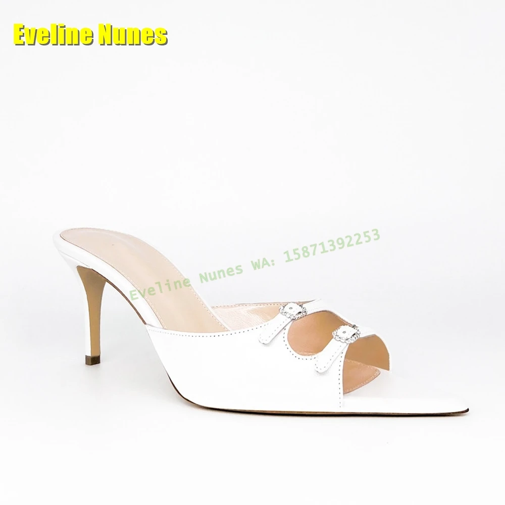 Rhinestone Buckle Peep Toe Sandals Pointed Toe Thin Heels Slip On Shallow Mixed Colors Women Slippers 2025 Summer Party Shoes
