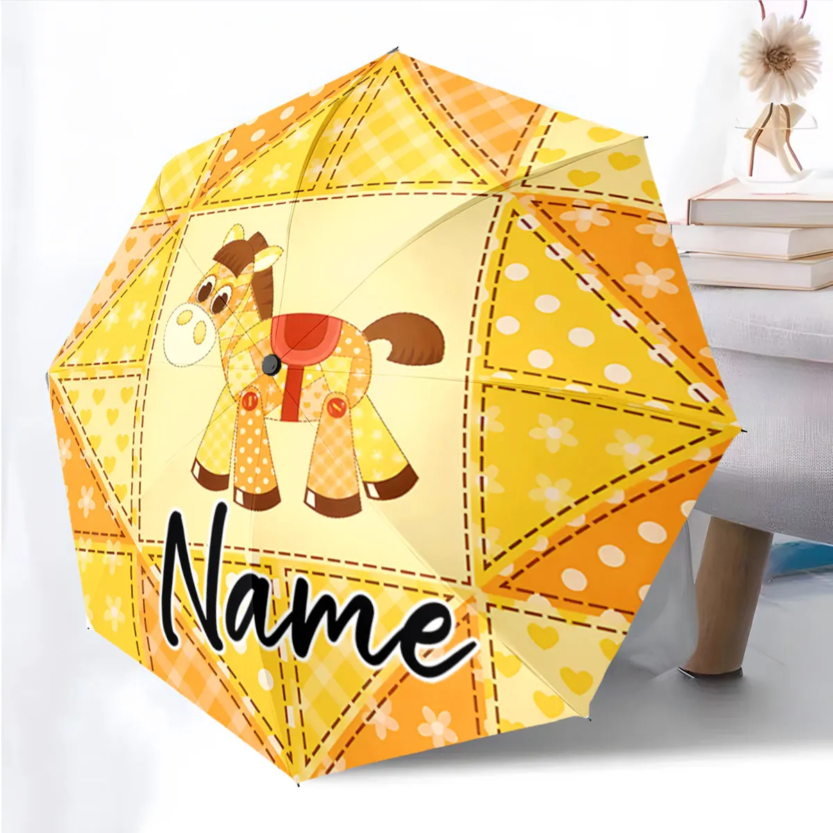 Custom Name Bright Yellow Umbrella with Cartoon Giraffe Design Print 8 Iron Ribs Folding Umbrella Auto-Open Fashion Sunshade