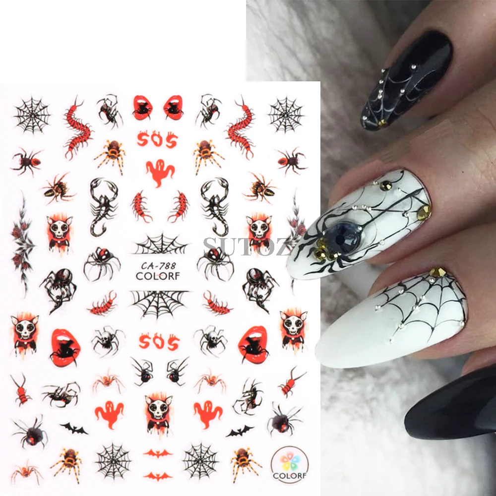 Halloween Spooky Nail Stickers Centipede Spider Nail Decals Blood Drips Scar Lips Skulls Sliders Manicure Horror Decor NTCA-788