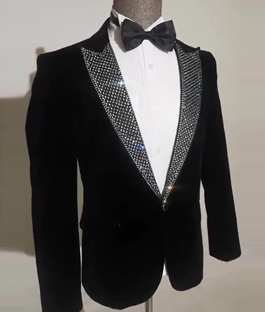 

High Quality Shining men's black velvet,stage walk show performance suit host singer Special Occasion Gowns Celebrity Gowns