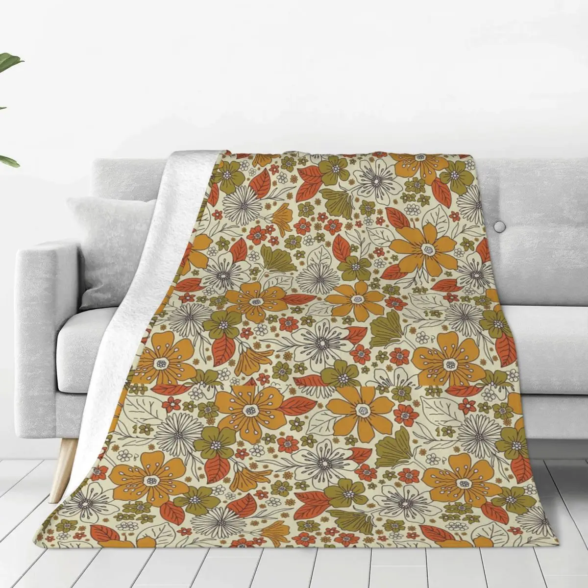 1970s Retro Floral In Olive,Gold And Orange Blanket Fleece Warm Sofa Throw Blankets For Home Bedroom Throws Bedspread Quilt