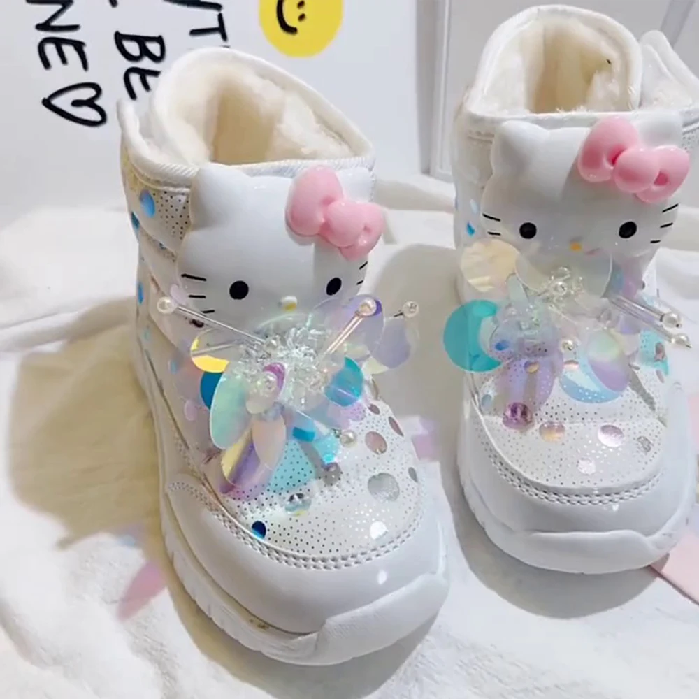 Winter Hello Kitty Snow Boots High-Quality Princess Parent-Child Non-Slip Short Boots Anime Sanrios Warm Waterproof Kids Boots