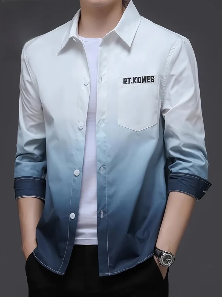 

Мужская повседневная рубашка с длинным рукавом, весна 2024, не требующая глажки, модная, из полиэстера, свободного кроя, с вышивкой, на пуговицах