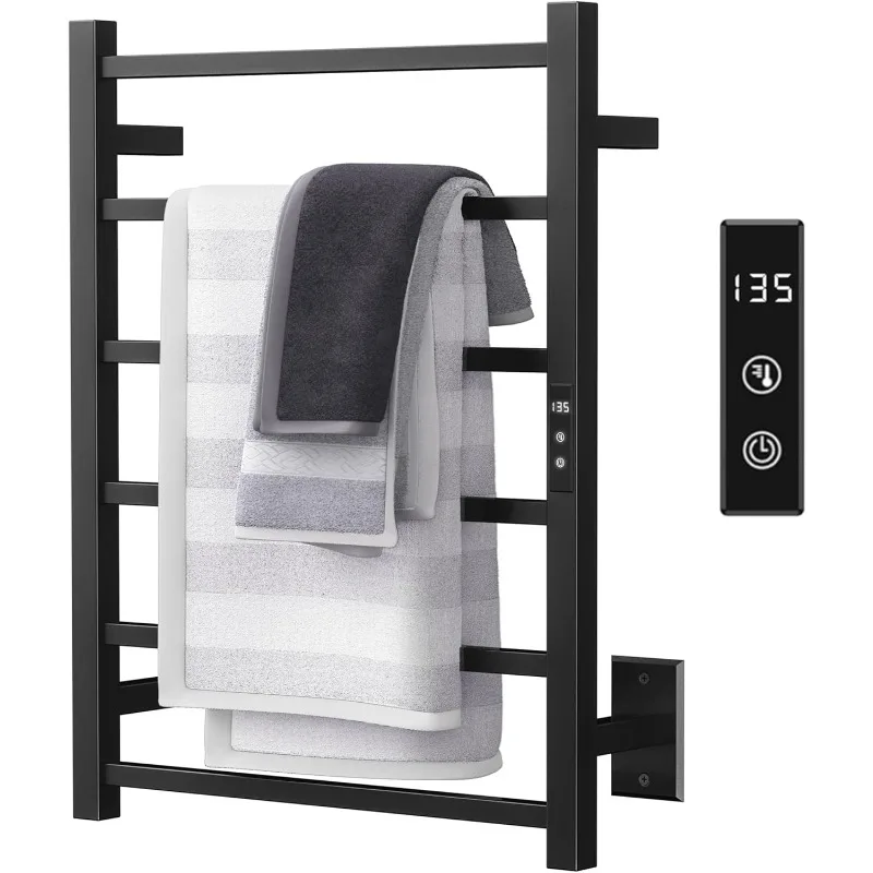 

Towel Warmer Rack with 24hr Timer, Matte Black Heated Towel Rack for Bathroom, Plug-in/Hardwired, Wall Mounted 6-Bar Electric