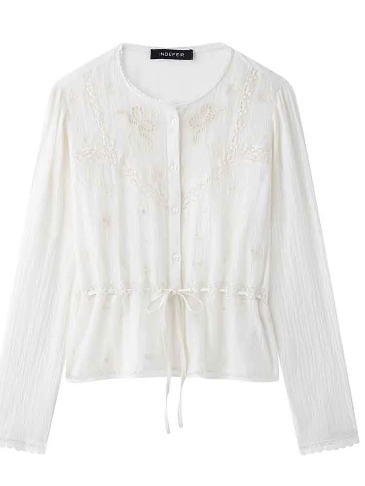 

European style new women's fashion embroidery hollow drawstring waist white long-sleeved shirt lace top