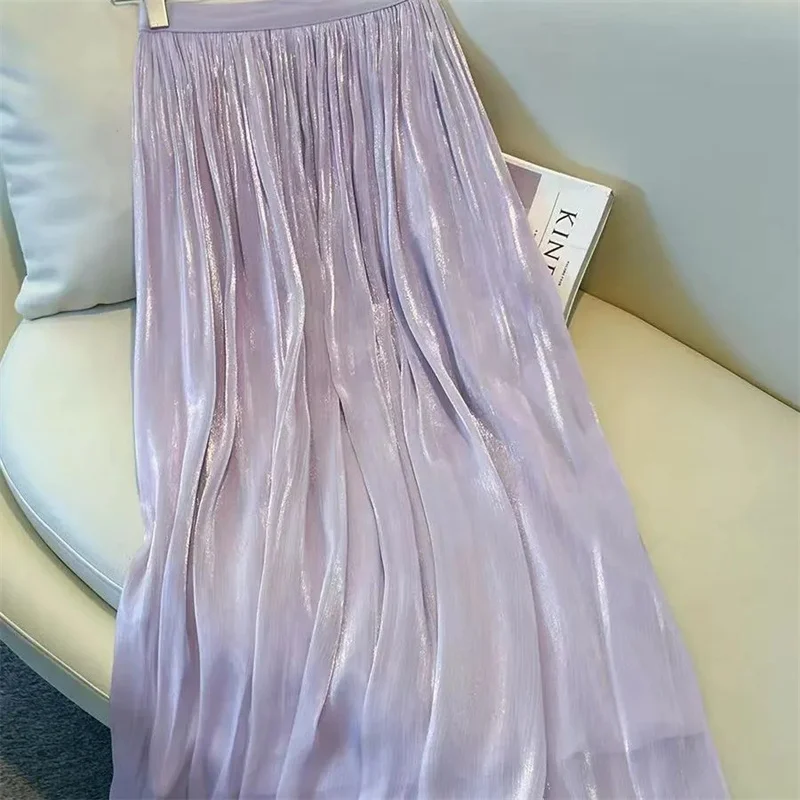 

Korean Ladies Flowing Yarn Swing Long Skirt Female Fashion Medium Length A-line Maxi Skirt Summer Women High Waist Pleated Skirt