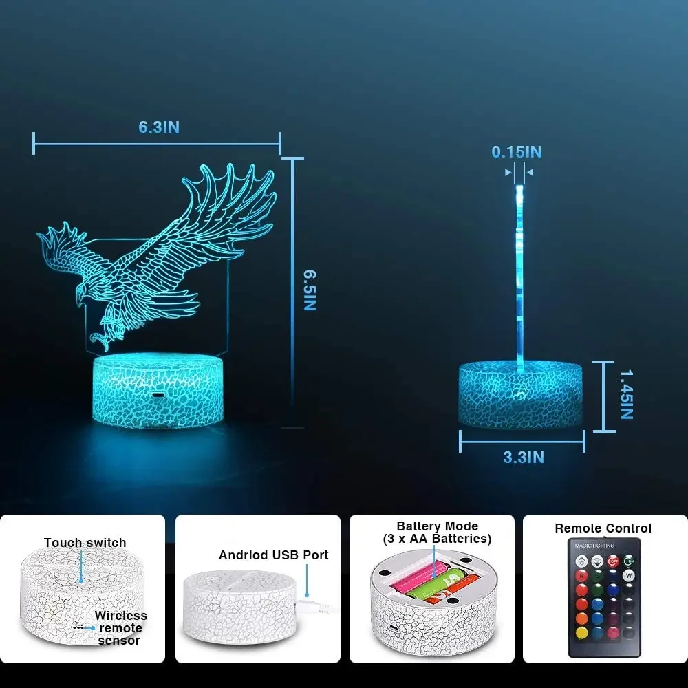 โคมไฟไฟ LED กลางคืนนกอินทรี3D มี16สีพร้อมรีโมทคอนโทรลไร้สายของตกแต่งห้องนอนของขวัญคริสต์มาสวันเกิด