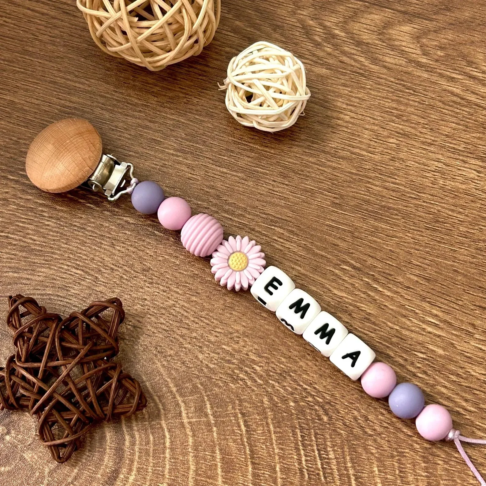 Personalized Pacifier Clip Silicone Rainbow Purple Beads with Wooden Clips Customizable Names for Baby Shower Gift image 3