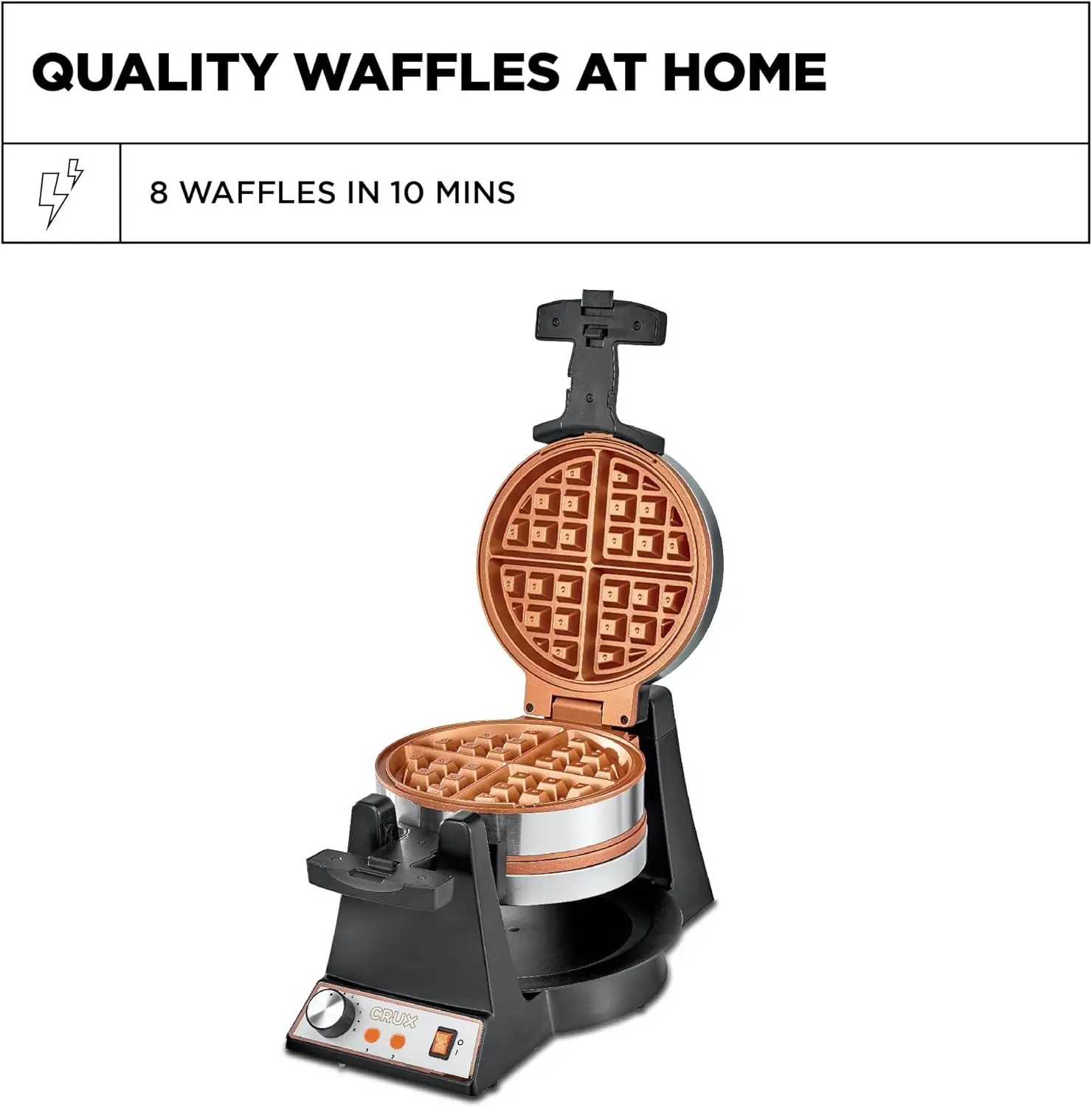 Double Rotating Belgian Waffle Maker, Keto Chaffles Iron with Nonstick PFOA Free Copper Plates for Easy Food Release NEW USA