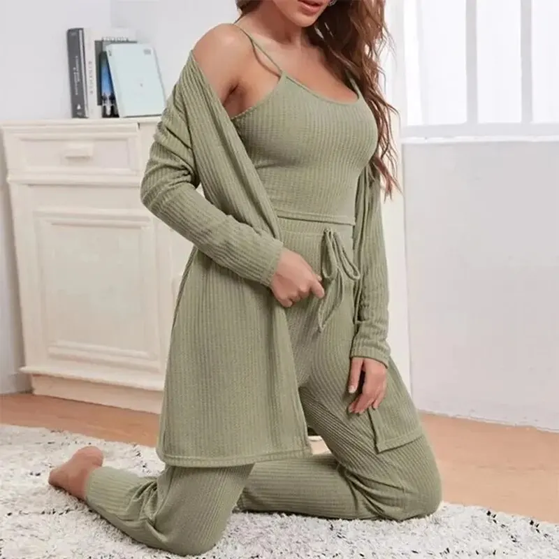 3Piece Women Sets Sling Tops Pants Robe Pajamas Lounge Home Wear Pyjama Pour Femme Slim Fit Loungewear