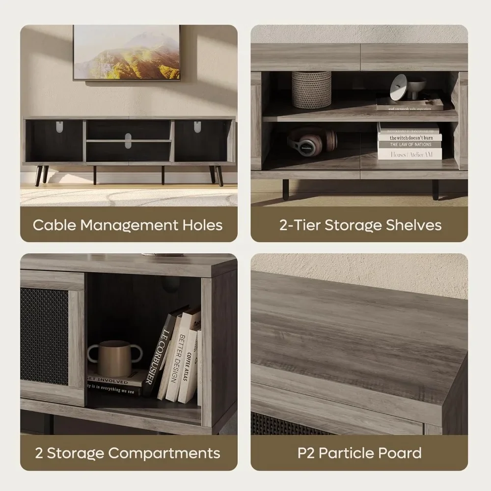 حامل تلفزيون من الروطان لأجهزة التلفاز حتى 75 بوصة وحدة تحكم الوسائط مع أبواب منزلقة ومركز ترفيه مع مساحة تخزين #6