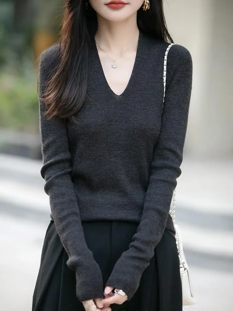 

ay V-Ne Long Sve Slim Fit Knitted Sweater Ele Sle Thin Design Top for Women Autumn Faionable Base Layer irt