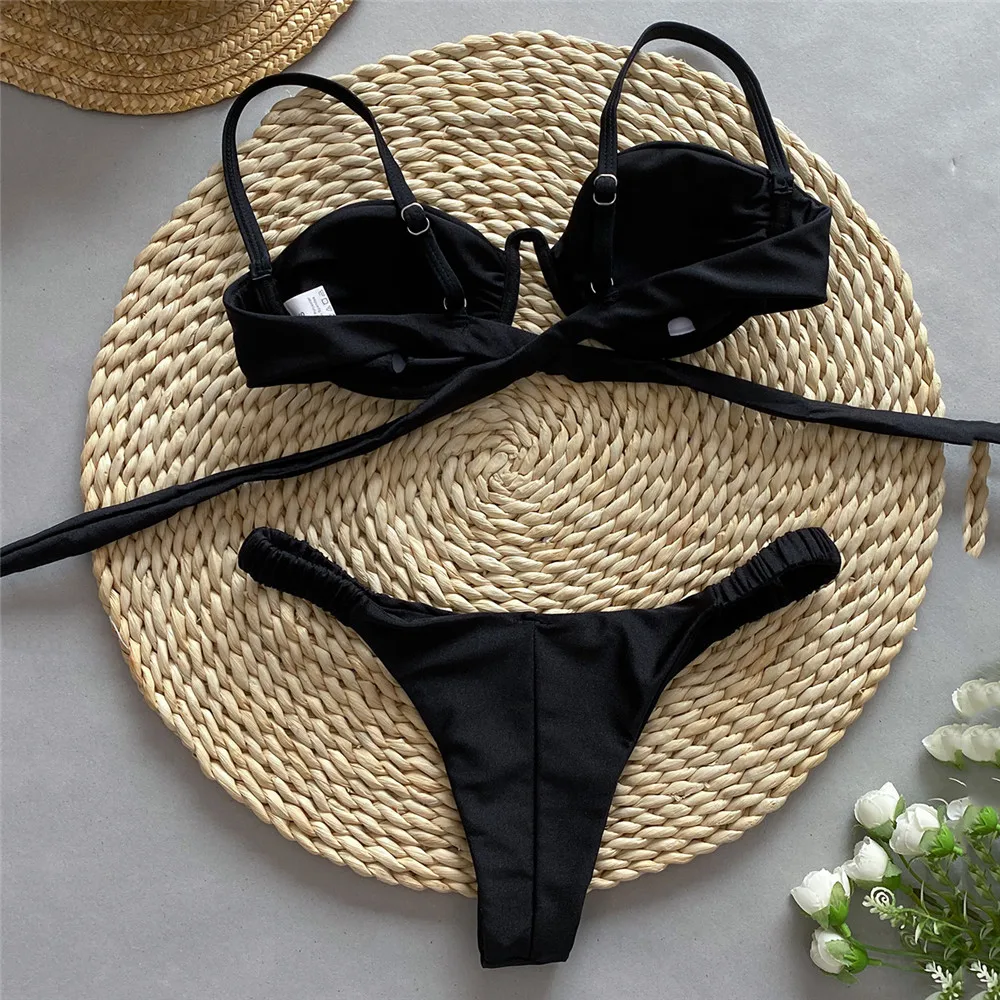 Sexy Brown Micro Push Up Bikinis Set for Women Mini Thong Swimsuits Underwired Swimwear Brazilian Bathing Suit Bikini Mujer 2024