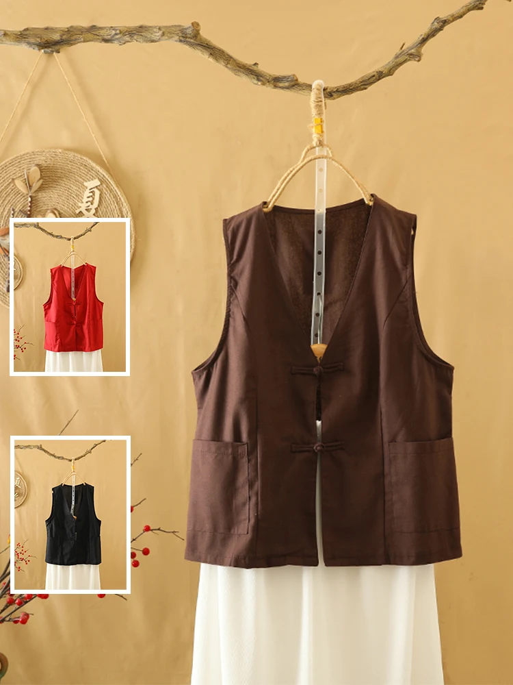 

Хлопково-льняной жилет на пуговицах в стиле ретро, свободный женский летний модный универсальный открытый кардиган больших размеров с V-образным вырезом