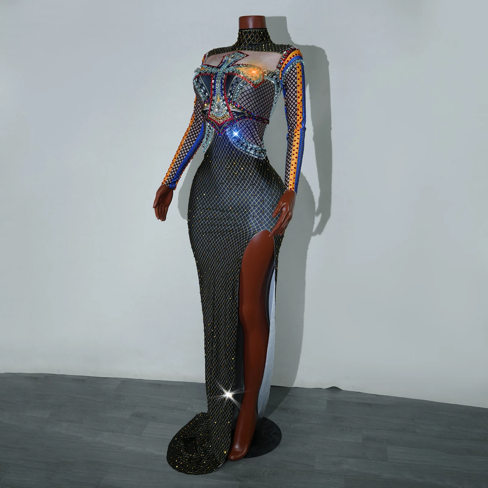 럭셔리 스파클 라인스톤 할로윈 롱 드레스 (테일 포함) 섹시 파티 클럽 DS 댄스 공연 드랙퀸 무대 페스티벌 의상