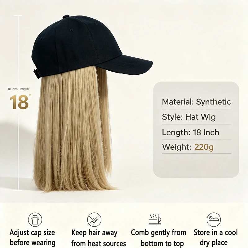 Peluca de gorra de béisbol ajustable de cabello sintético largo lacio negro de 18 pulgadas para mujer, uso diario al aire libre, estilo casual callejero 2