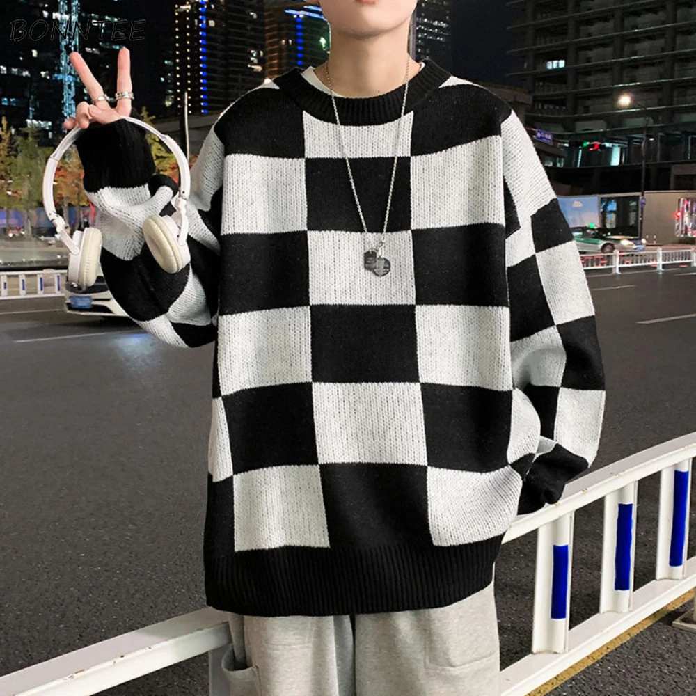 

Plaid Fashion Sweater Pullovers Men Ins Hong Kong All-matching Streetwear Loose Trendy Knitwear Jumpers Teen Vintage Male Chic
